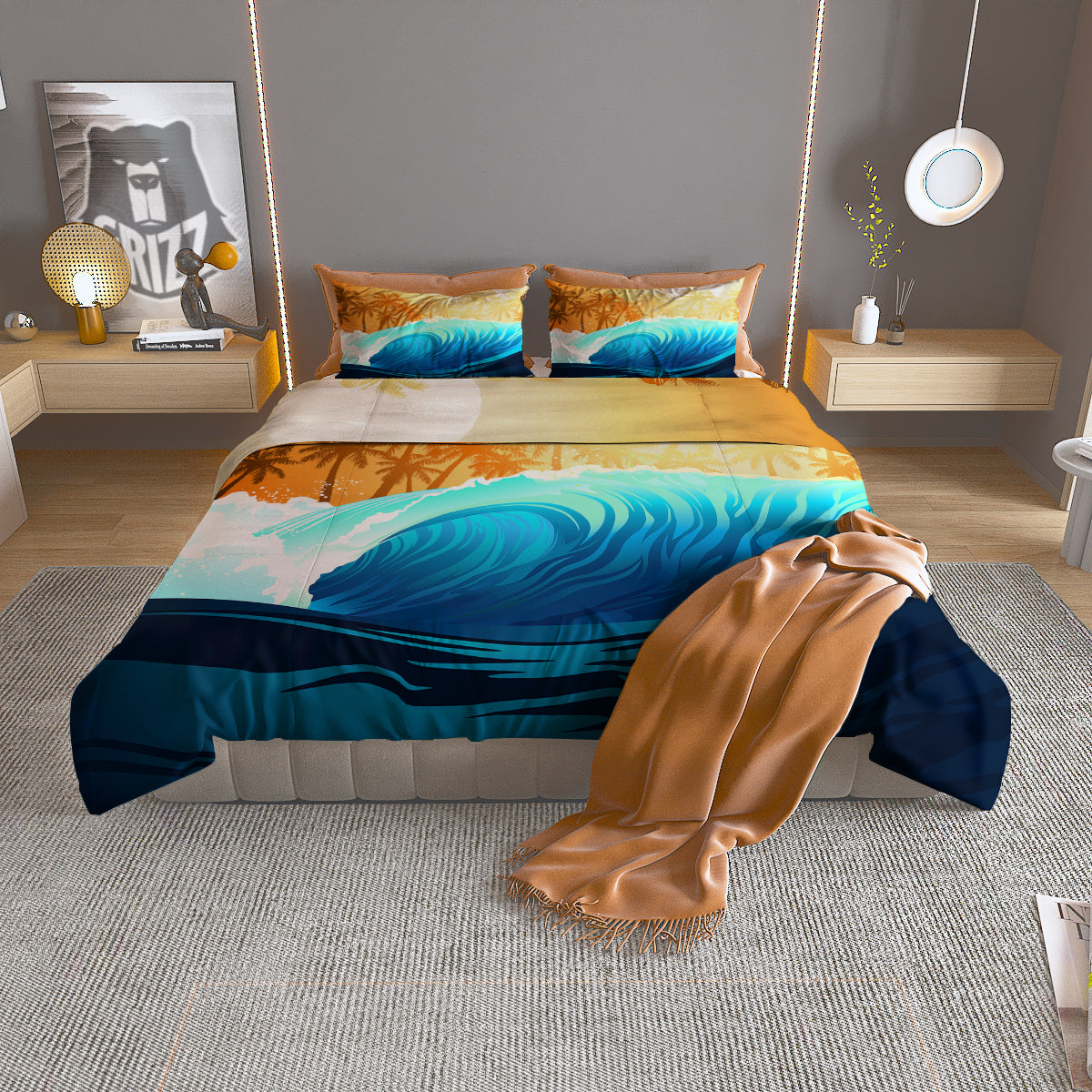 Sunrise Tropical Surfing Wave Print Duvet Cover Bedding Set