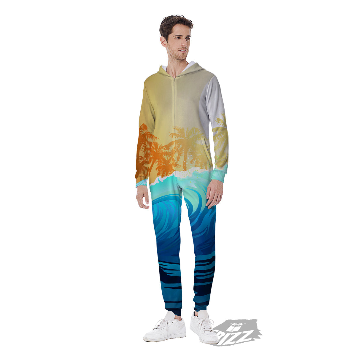 Sunrise Tropical Surfing Wave Print Men's Jumpsuit-grizzshop