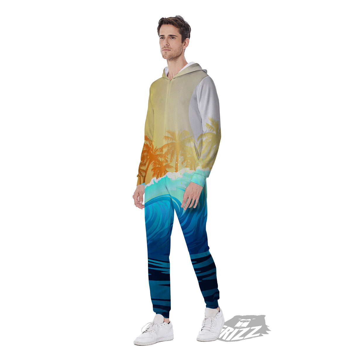 Sunrise Tropical Surfing Wave Print Men's Jumpsuit-grizzshop
