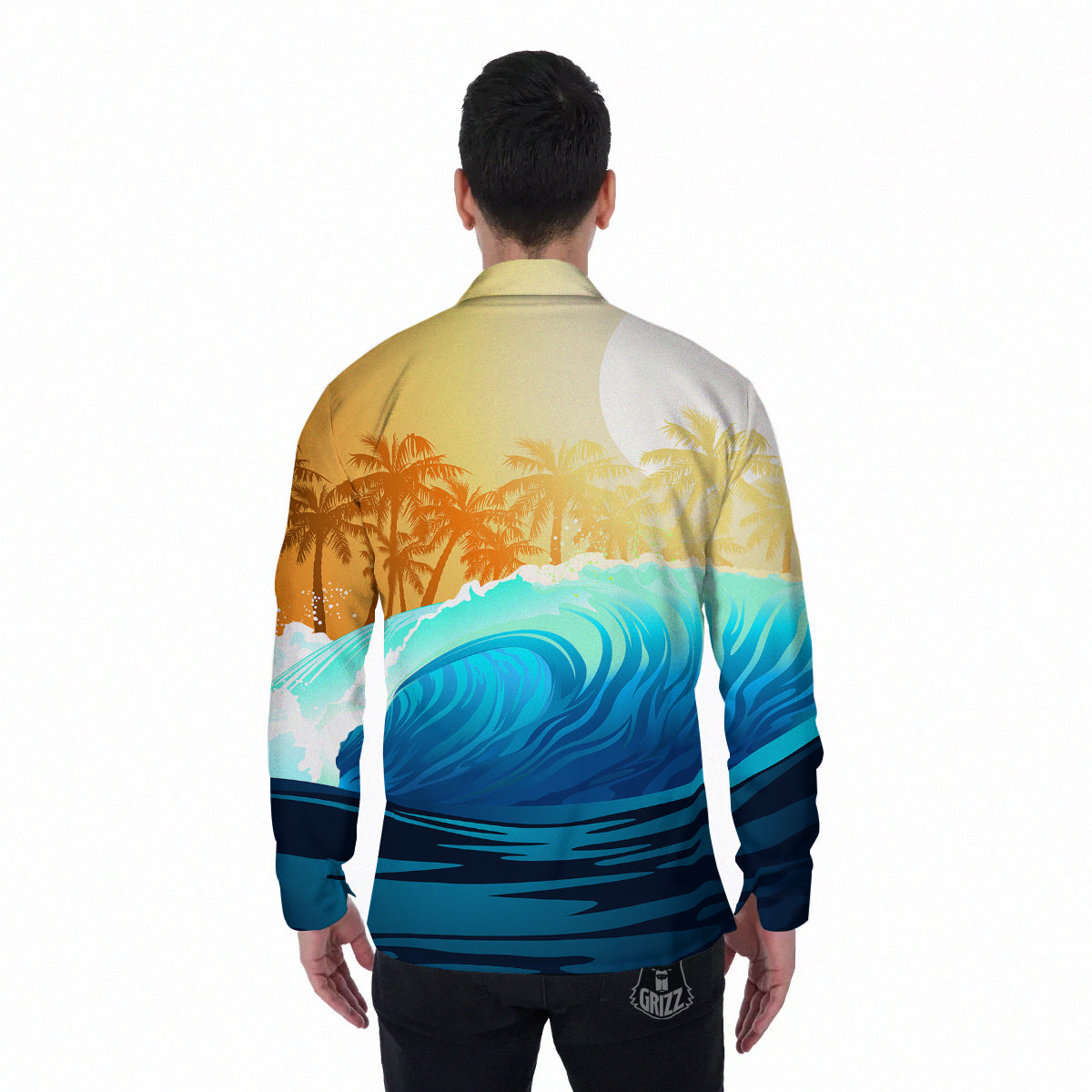 Sunrise Tropical Surfing Wave Print Men's Long Sleeve Shirts-grizzshop