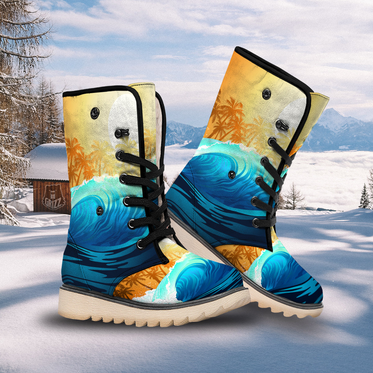 Sunrise Tropical Surfing Wave Print Snow Boots-grizzshop