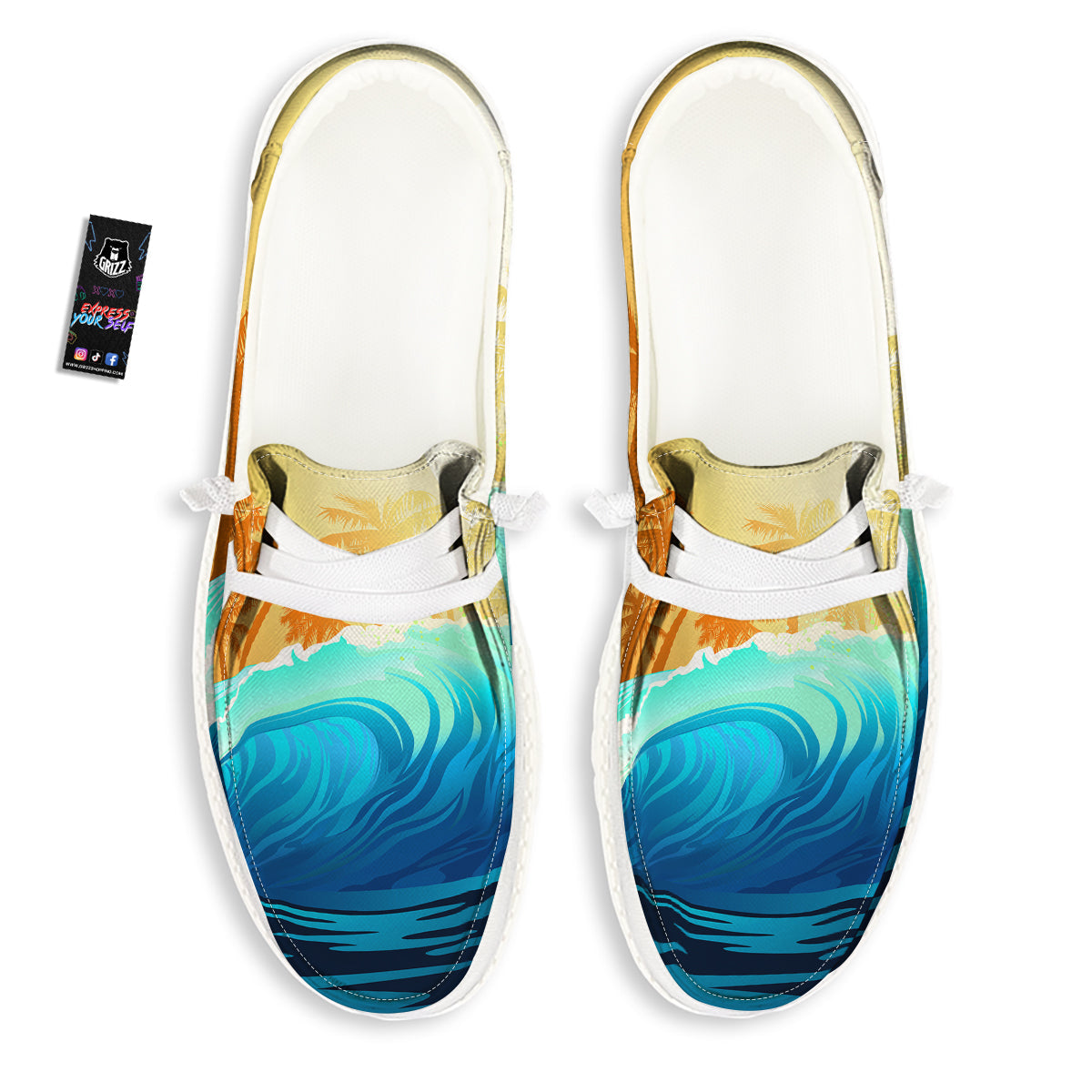 Sunrise Tropical Surfing Wave Print White Loafers-grizzshop