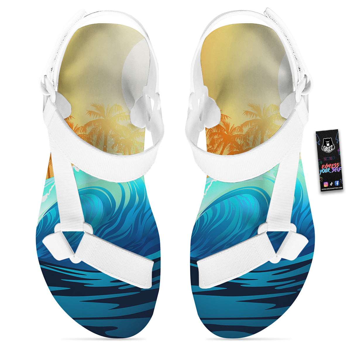 Sunrise Tropical Surfing Wave Print White Open Toe Sandals-grizzshop