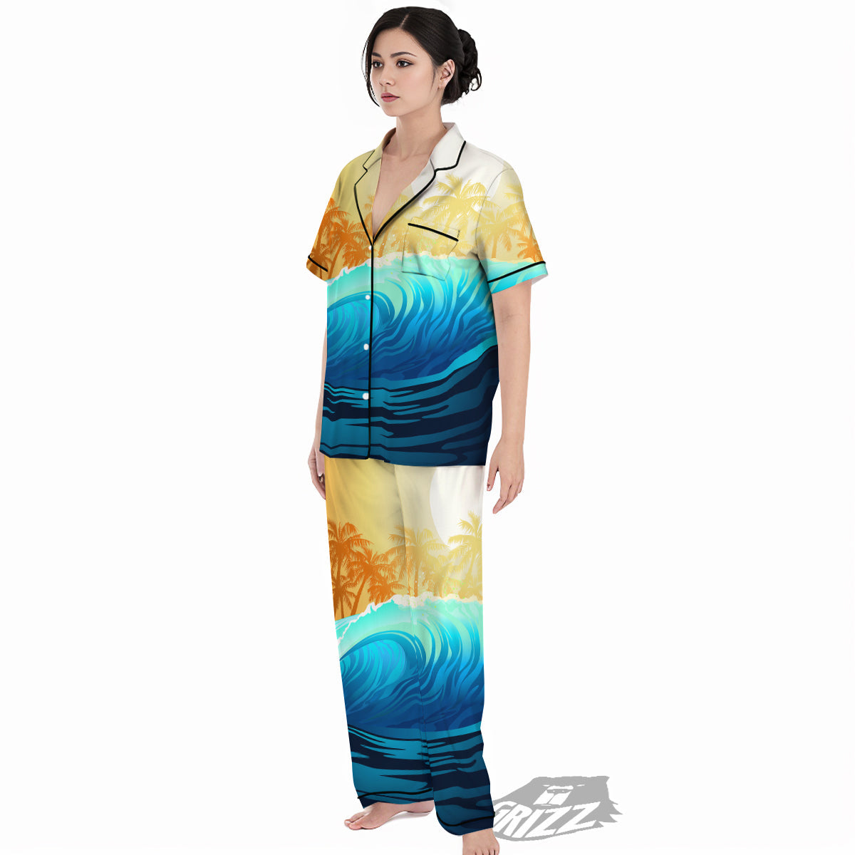 Sunrise Tropical Surfing Wave Print Women's Pajamas Set-grizzshop