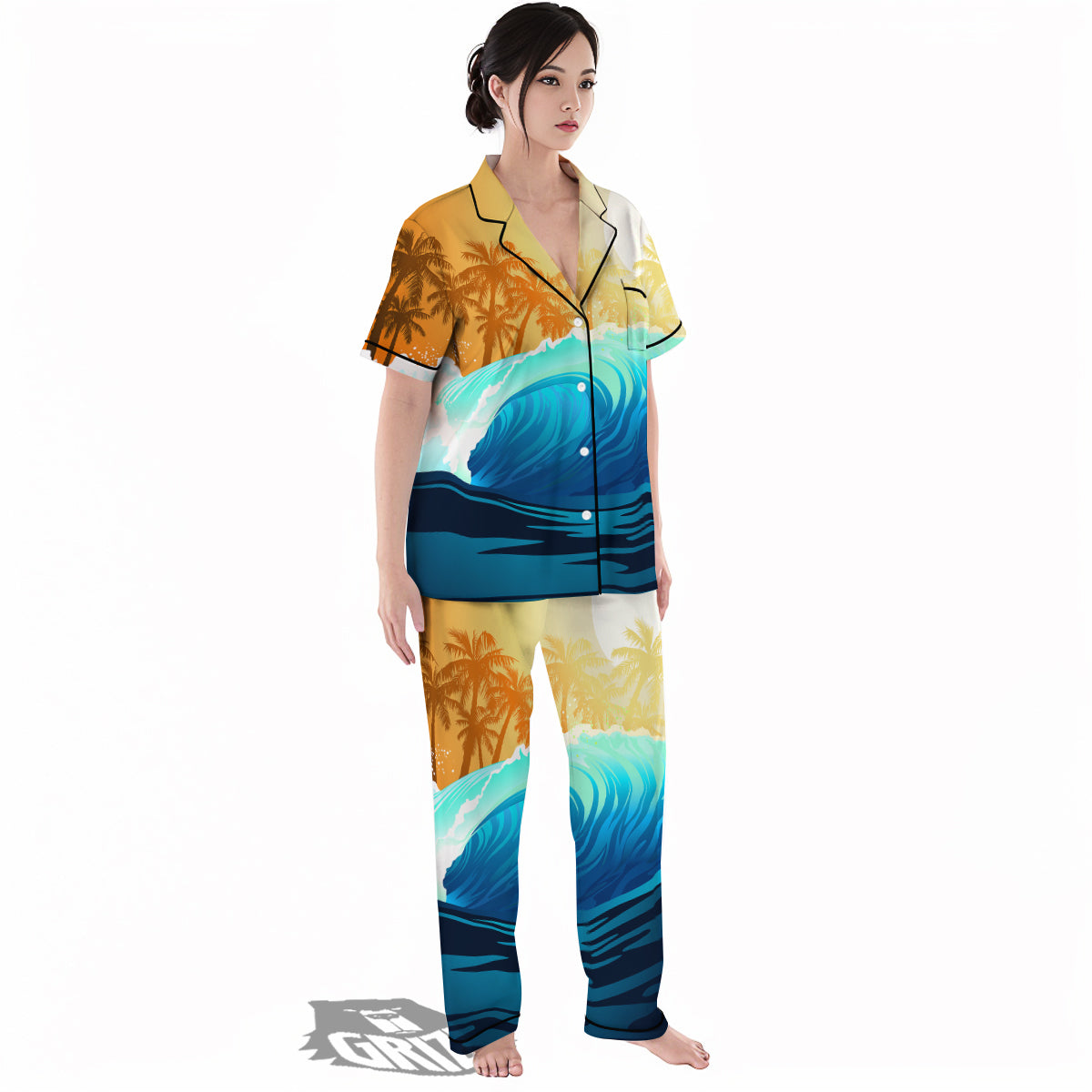 Sunrise Tropical Surfing Wave Print Women's Pajamas Set-grizzshop