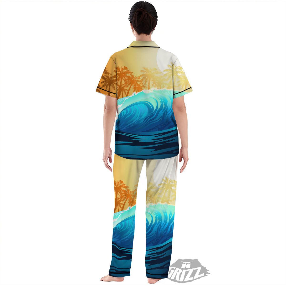 Sunrise Tropical Surfing Wave Print Women's Pajamas Set-grizzshop