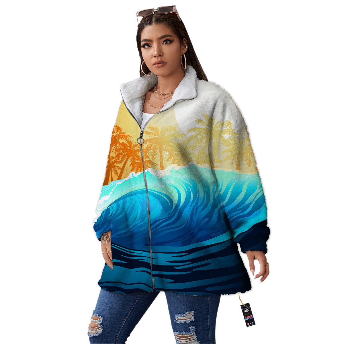 Sunrise Tropical Surfing Wave Print Women's Sherpa Jacket-grizzshop