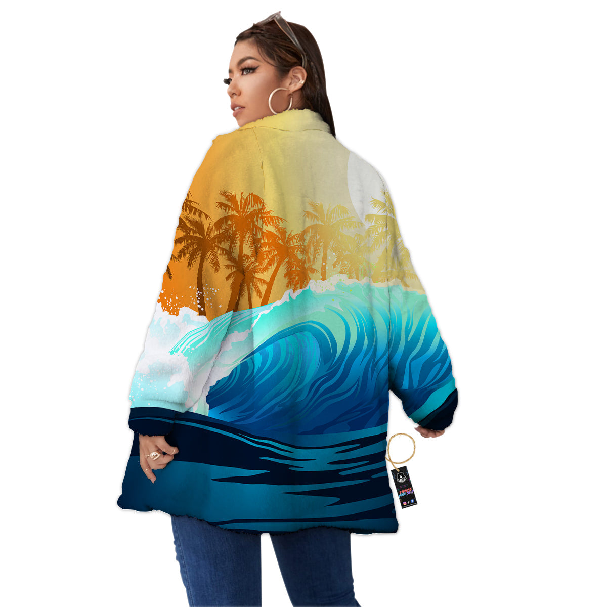 Sunrise Tropical Surfing Wave Print Women's Sherpa Jacket-grizzshop