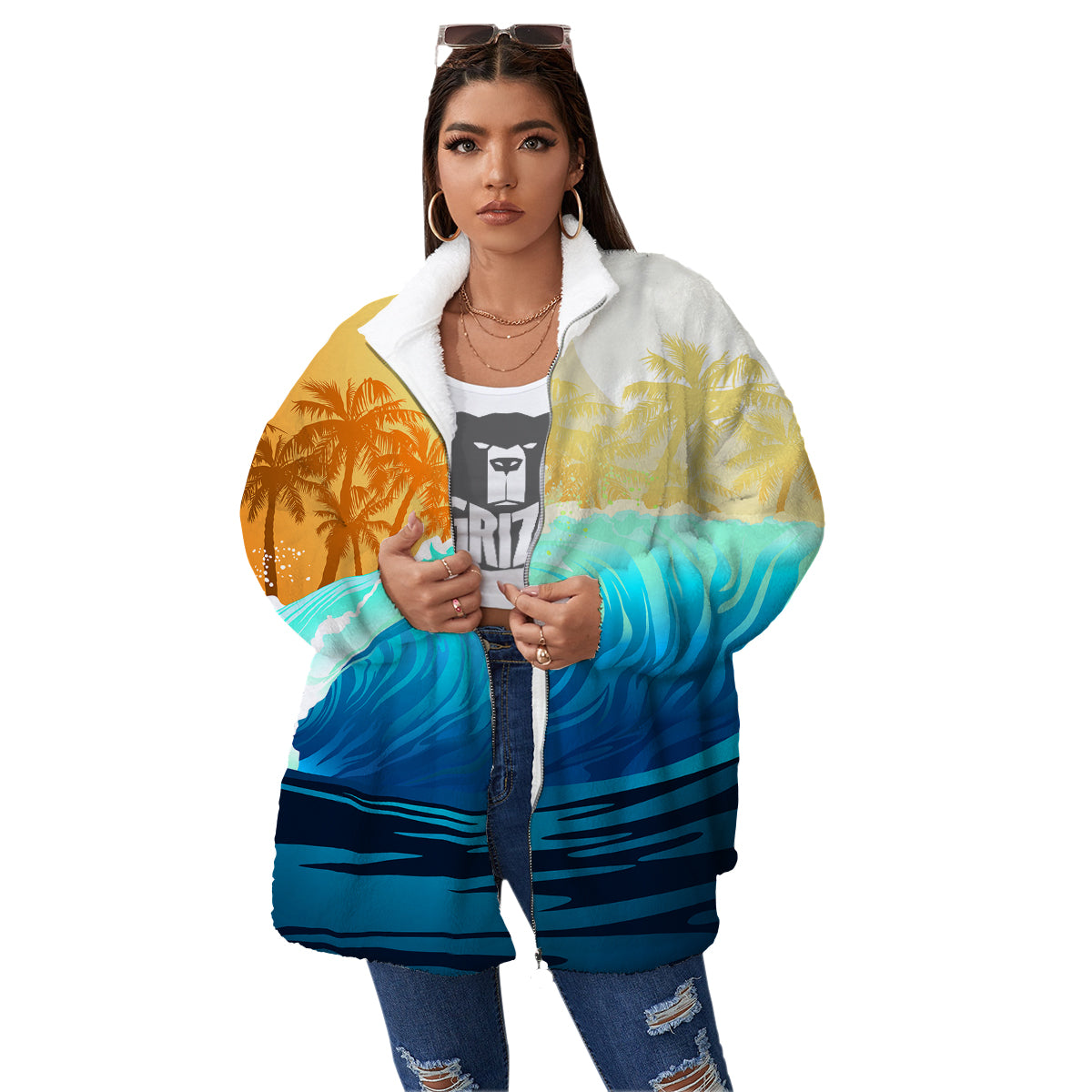 Sunrise Tropical Surfing Wave Print Women's Sherpa Jacket-grizzshop