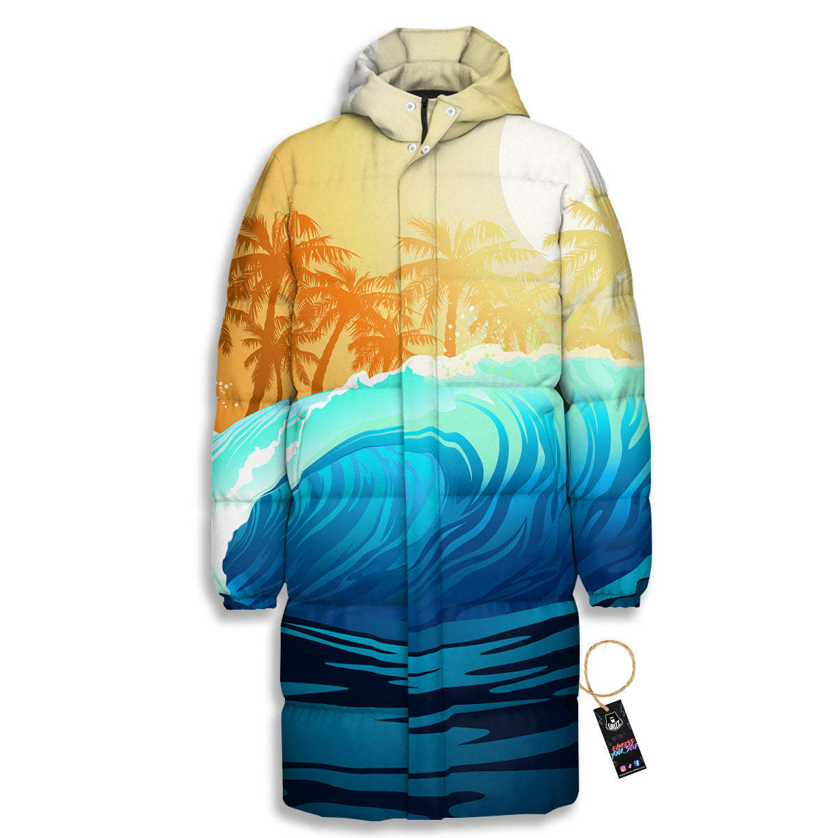 Sunrise Tropical Surfing Wave Print Long Down Jacket