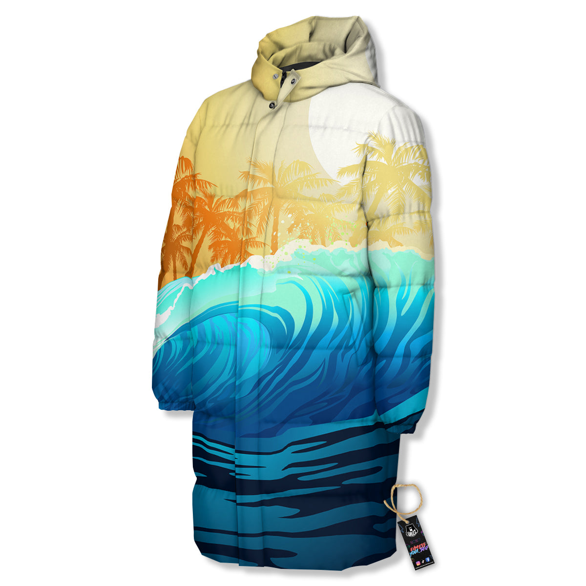 Sunrise Tropical Surfing Wave Print Long Down Jacket