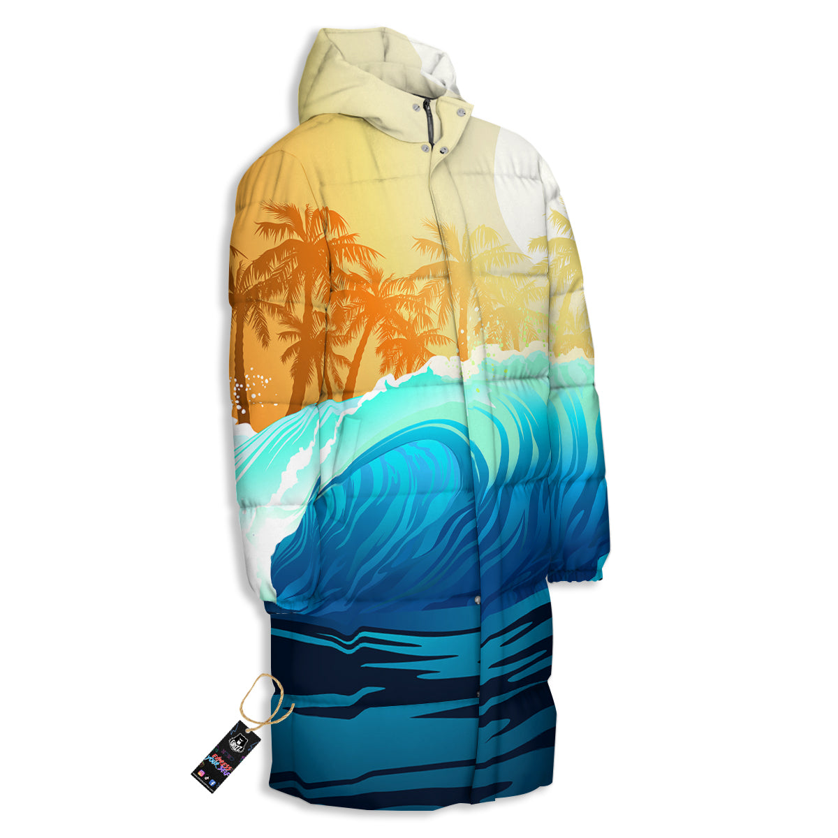 Sunrise Tropical Surfing Wave Print Long Down Jacket