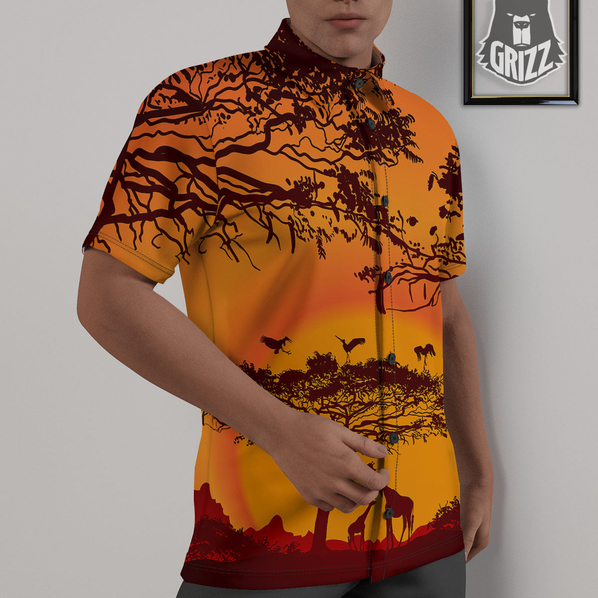 Sunset African Savanna Print Untucked Shirts-grizzshop