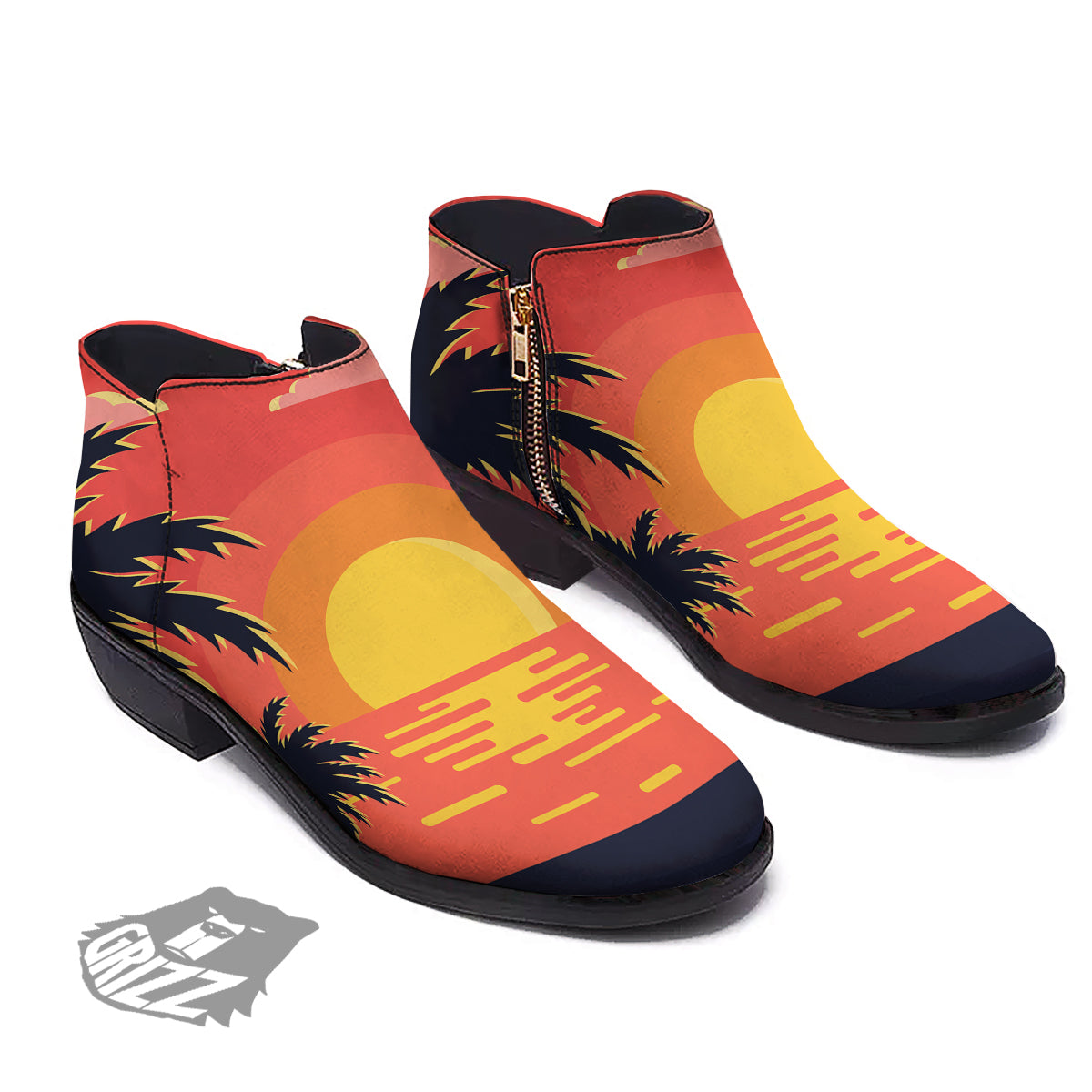 Sunset And Beach Pink Sky Print Ankle Boots-grizzshop