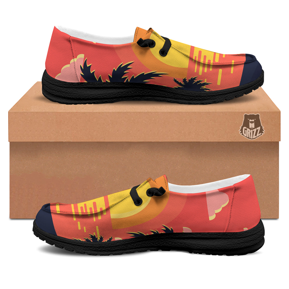 Sunset And Beach Pink Sky Print Black Loafers-grizzshop