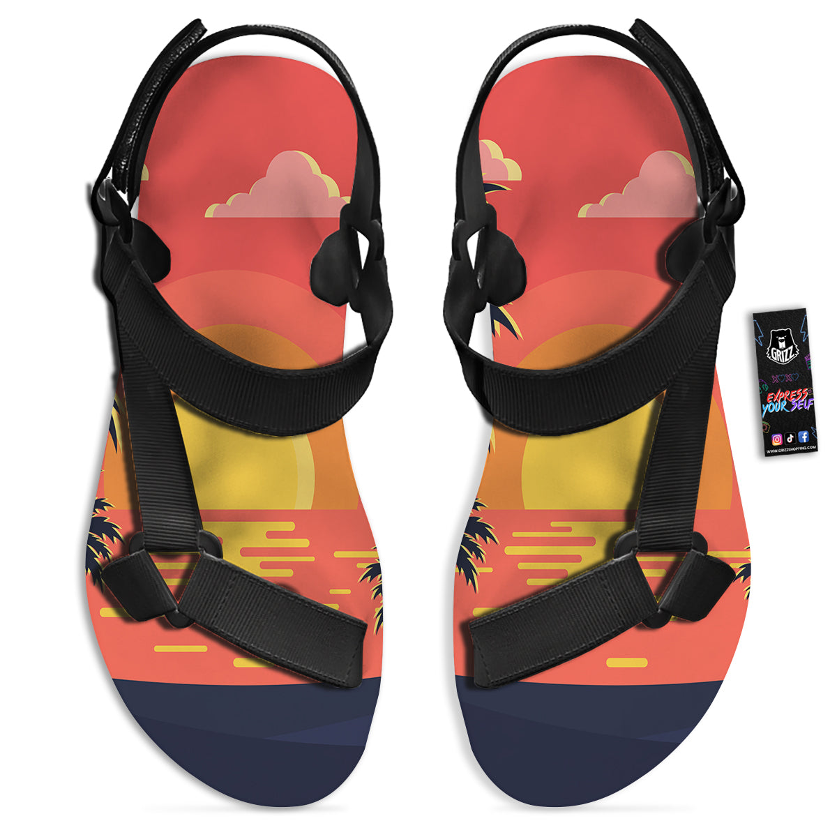 Sunset And Beach Pink Sky Print Black Open Toe Sandals-grizzshop