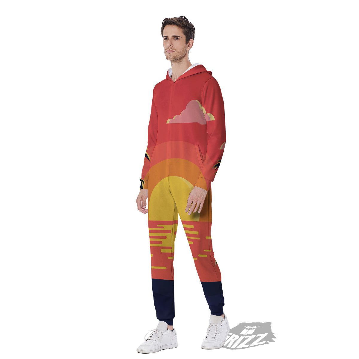 Sunset And Beach Pink Sky Print Men's Jumpsuit-grizzshop