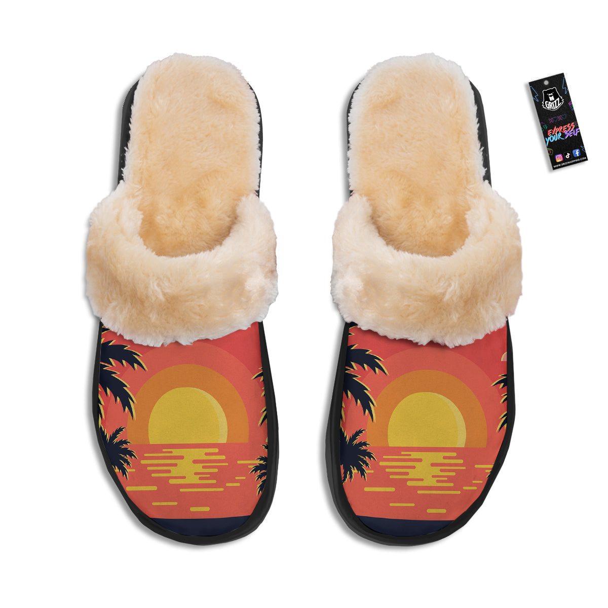 Sunset And Beach Pink Sky Print Slippers-grizzshop