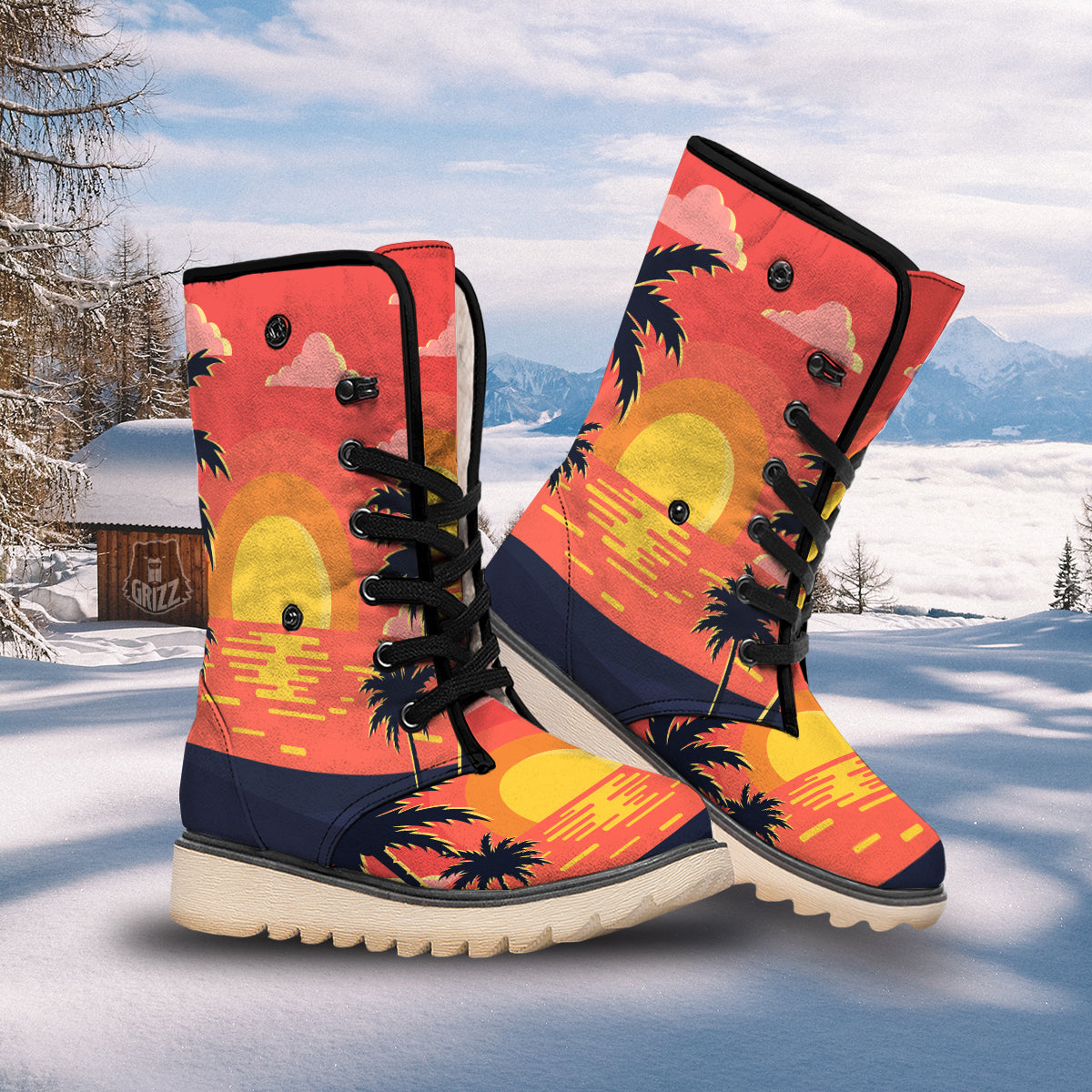 Sunset And Beach Pink Sky Print Snow Boots-grizzshop