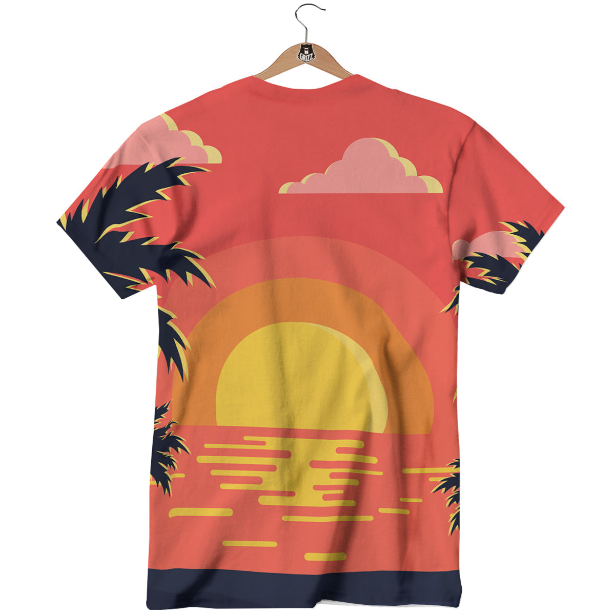 Sunset And Beach Pink Sky Print T-Shirt-grizzshop