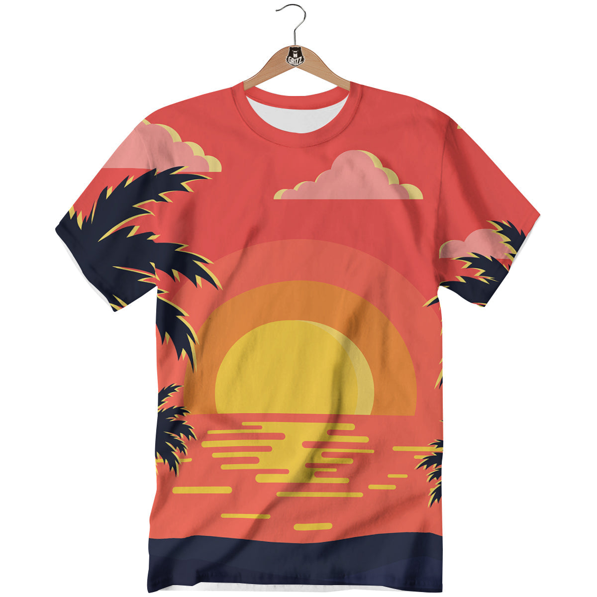 Sunset And Beach Pink Sky Print T-Shirt-grizzshop