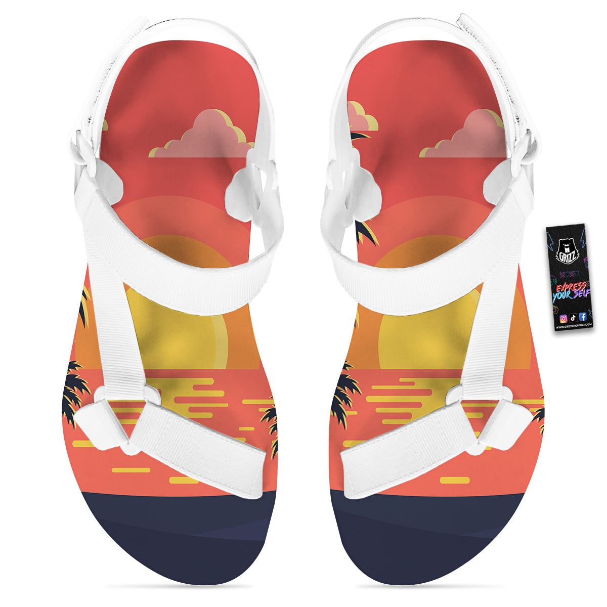 Sunset And Beach Pink Sky Print White Open Toe Sandals-grizzshop