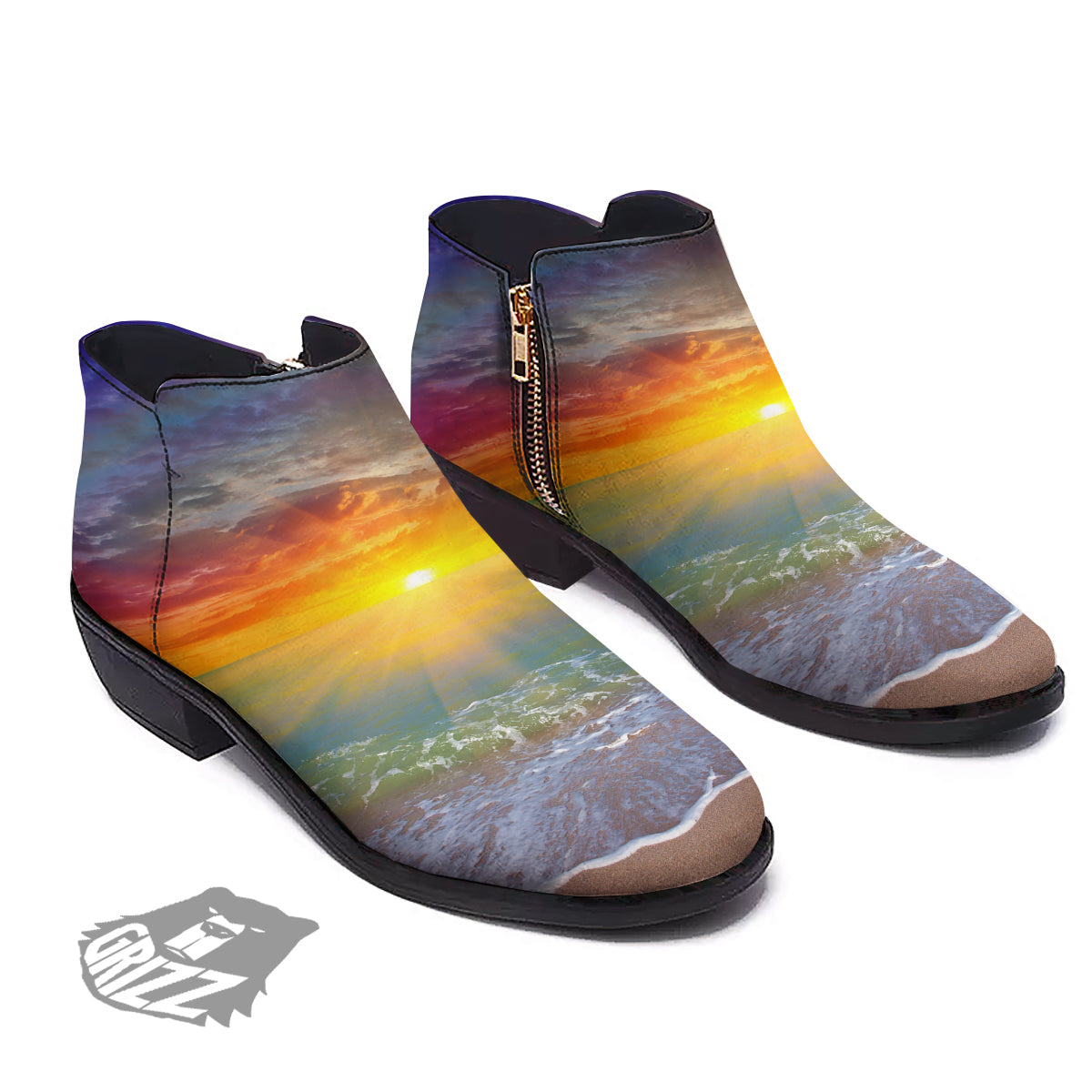 Sunset And Rainbow On Beach Print Ankle Boots-grizzshop