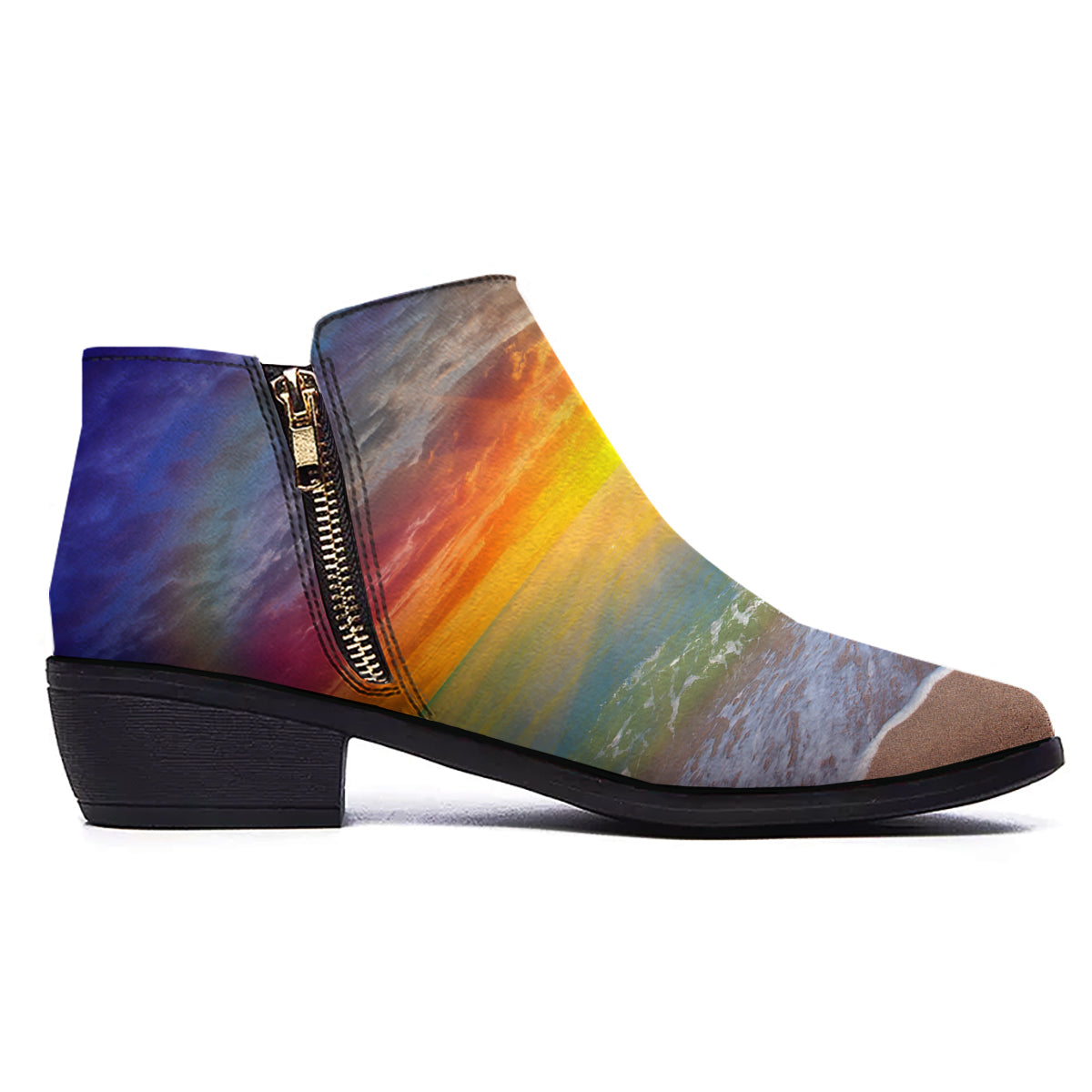 Sunset And Rainbow On Beach Print Ankle Boots-grizzshop