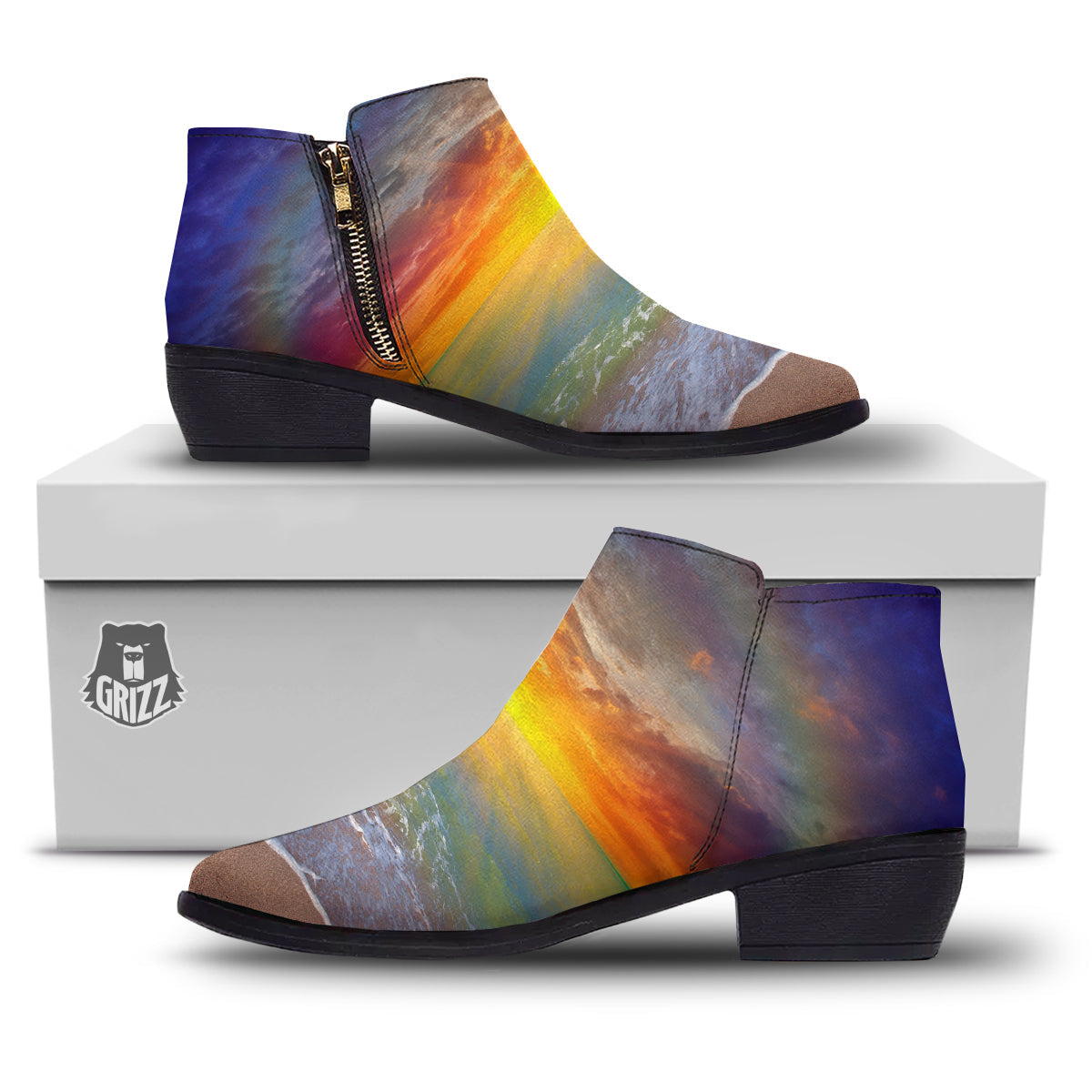 Sunset And Rainbow On Beach Print Ankle Boots-grizzshop