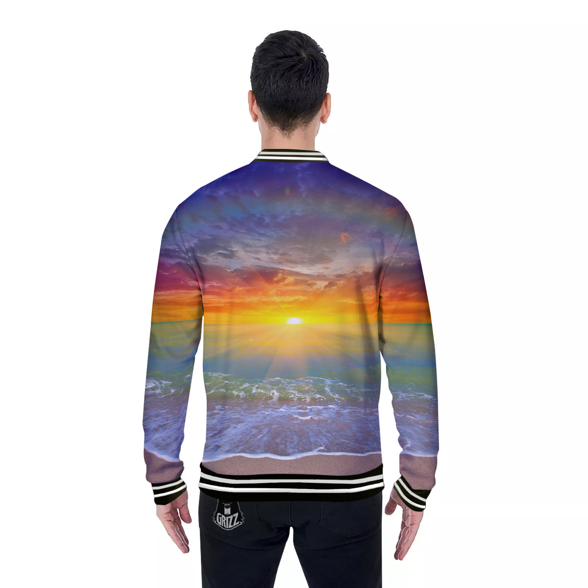 Sunset And Rainbow On Beach Print Baseball Jacket-grizzshop
