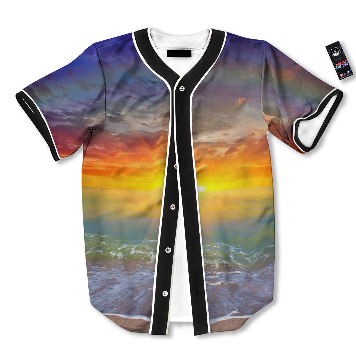 Sunset And Rainbow On Beach Print Baseball Jersey-grizzshop