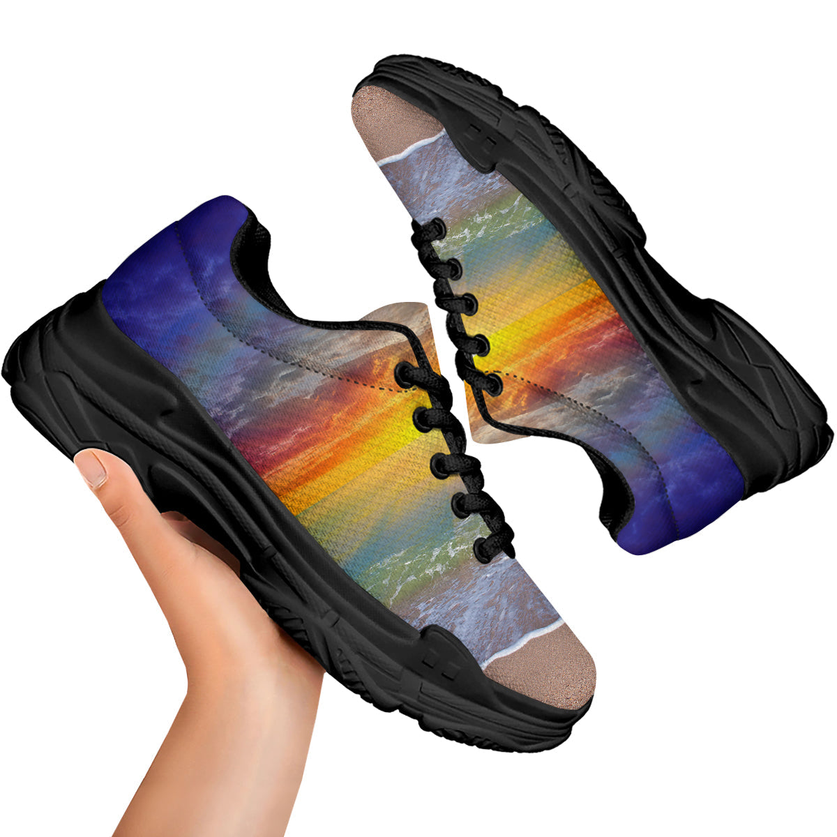 Sunset And Rainbow On Beach Print Black Chunky Shoes-grizzshop