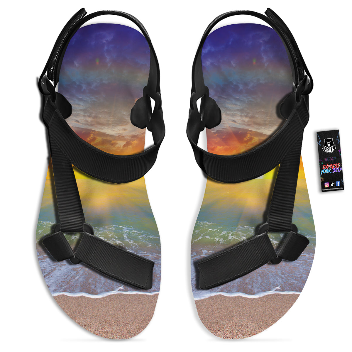Sunset And Rainbow On Beach Print Black Open Toe Sandals-grizzshop