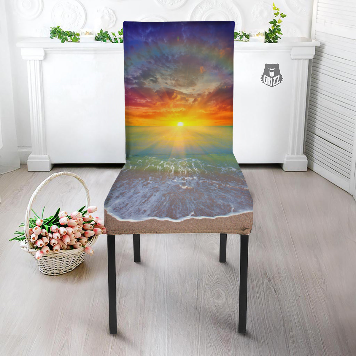 Sunset And Rainbow On Beach Print Dining Chair Slipcover-grizzshop