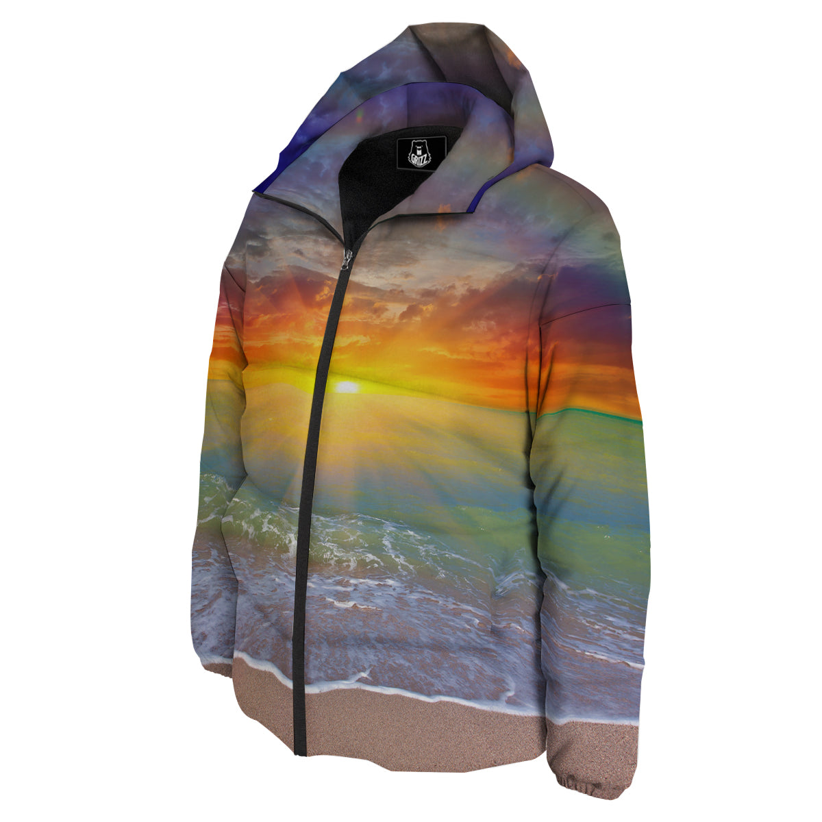 Sunset And Rainbow On Beach Print Down Jacket-grizzshop