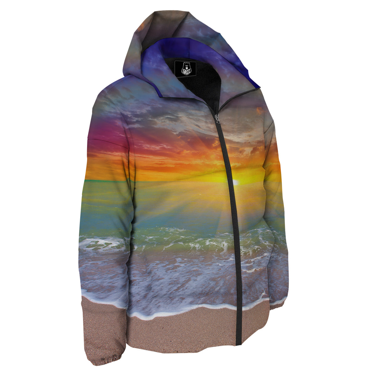 Sunset And Rainbow On Beach Print Down Jacket-grizzshop