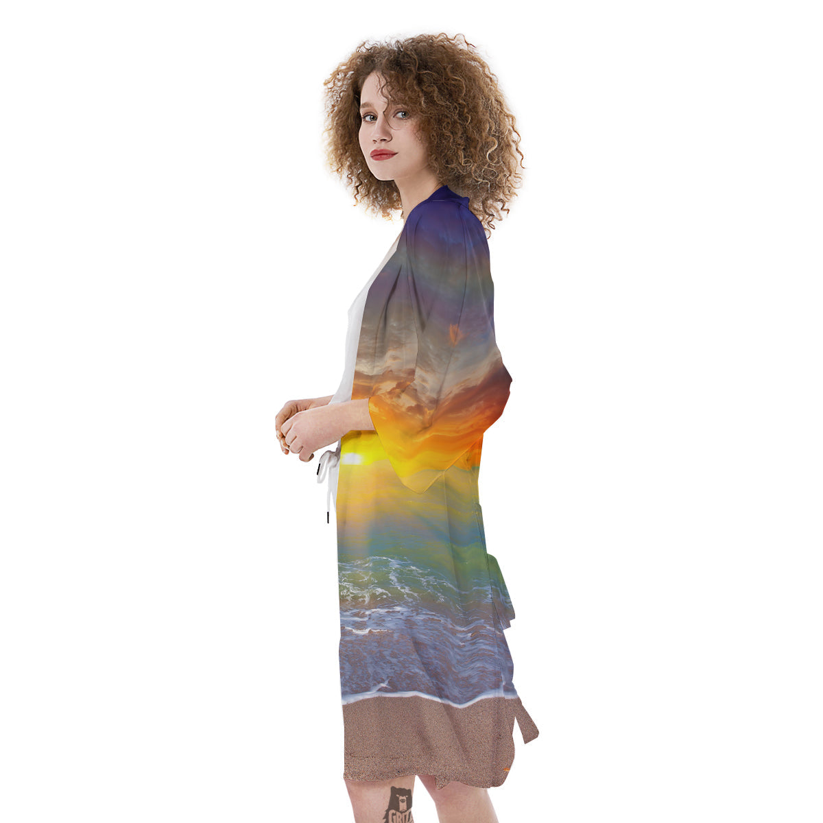 Sunset And Rainbow On Beach Print Kimono-grizzshop