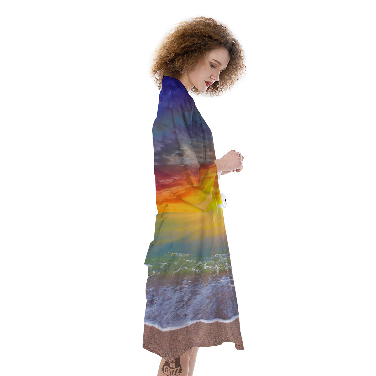 Sunset And Rainbow On Beach Print Kimono-grizzshop