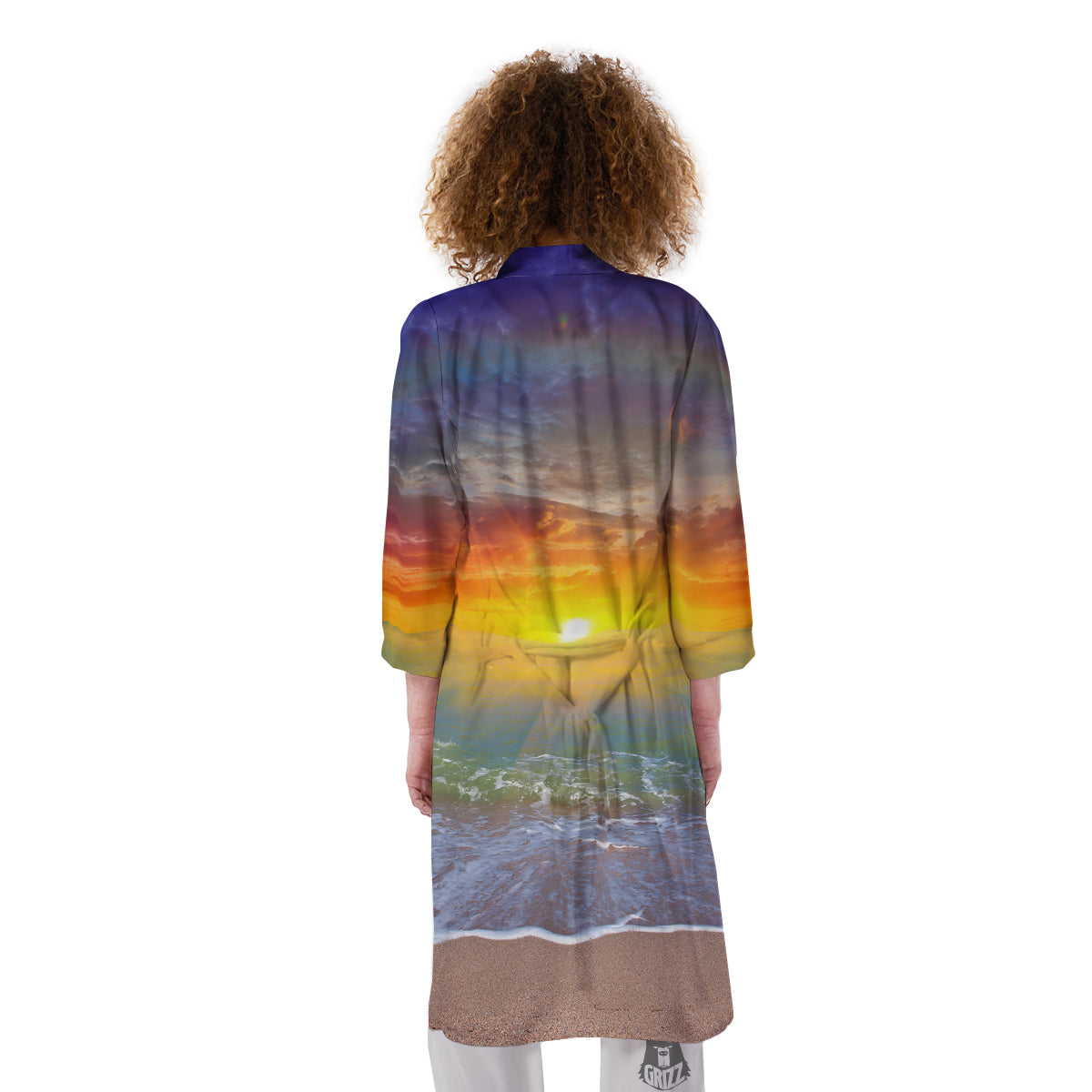 Sunset And Rainbow On Beach Print Kimono-grizzshop