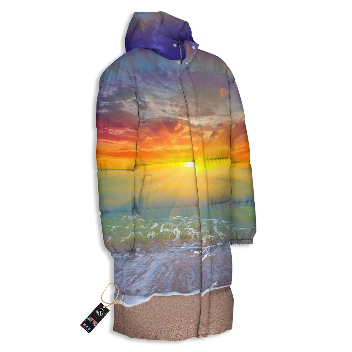 Sunset And Rainbow On Beach Print Long Down Jacket-grizzshop