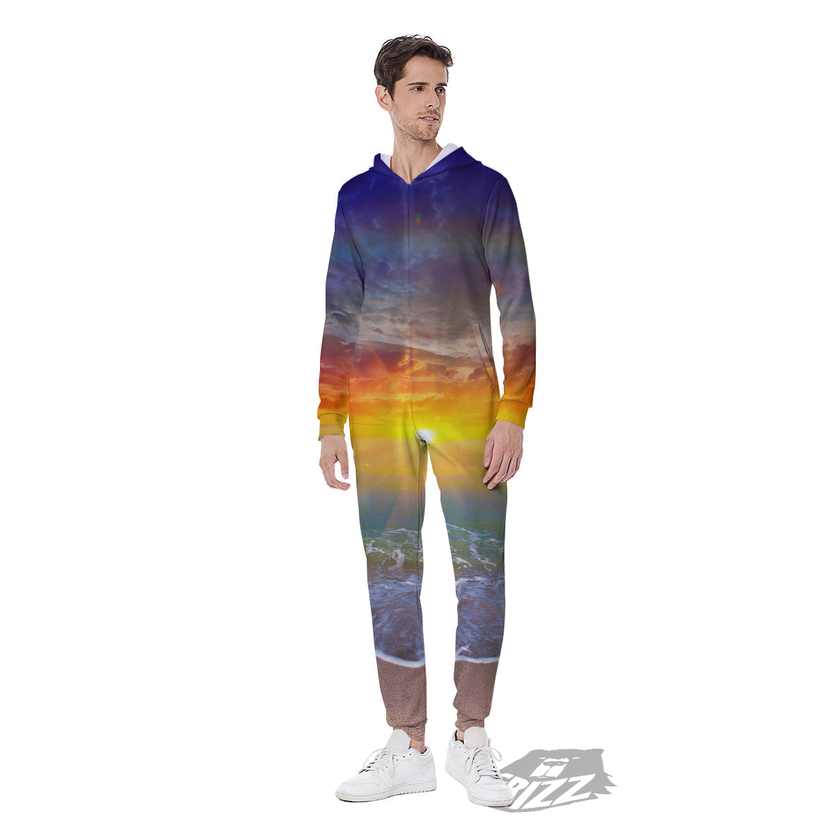 Sunset And Rainbow On Beach Print Men's Jumpsuit-grizzshop