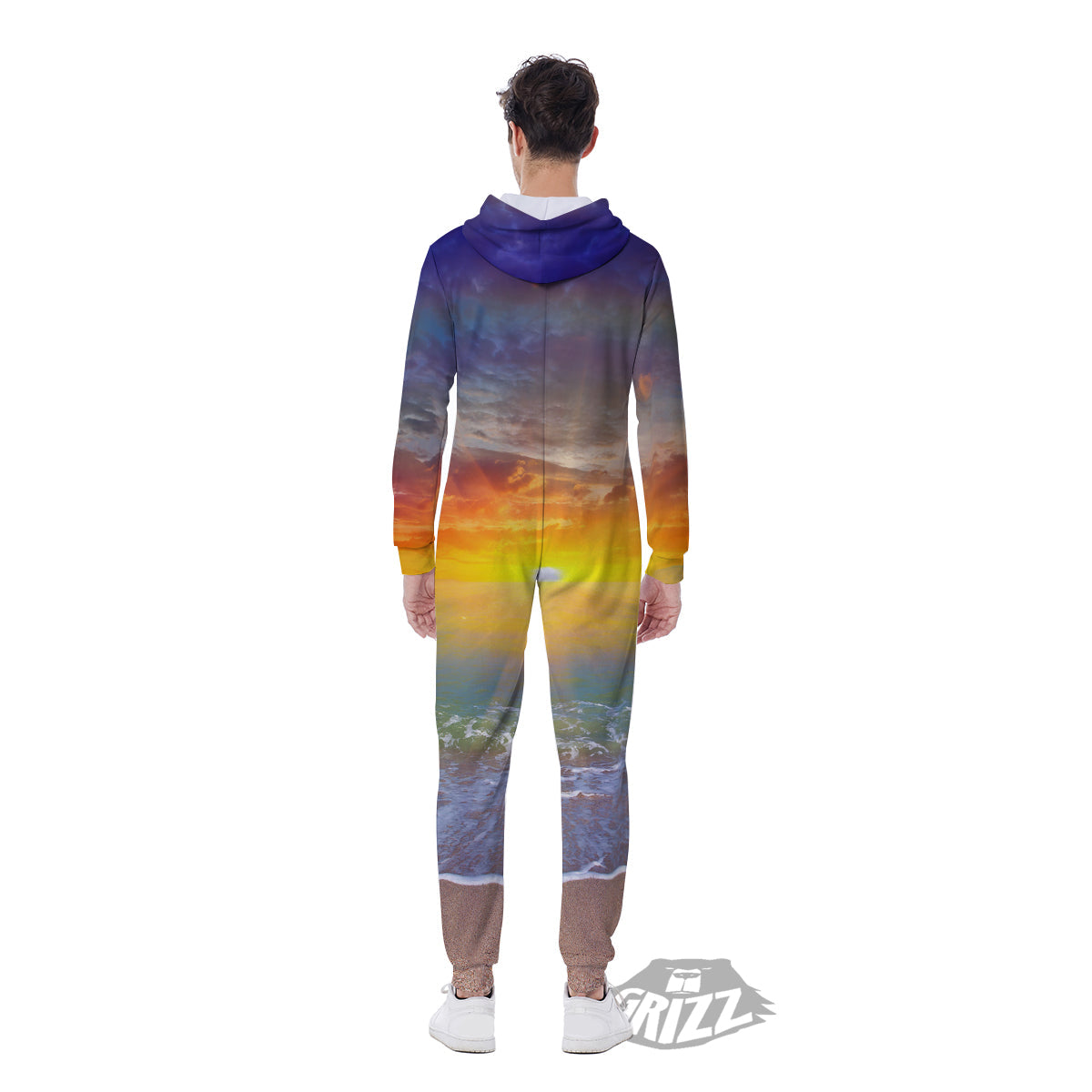 Sunset And Rainbow On Beach Print Men's Jumpsuit-grizzshop