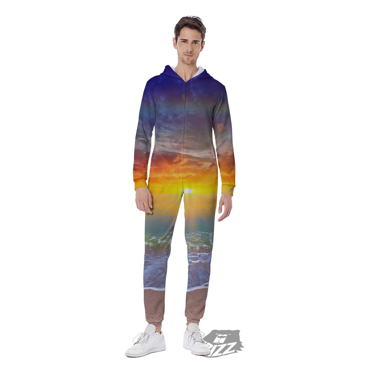 Sunset And Rainbow On Beach Print Men's Jumpsuit-grizzshop