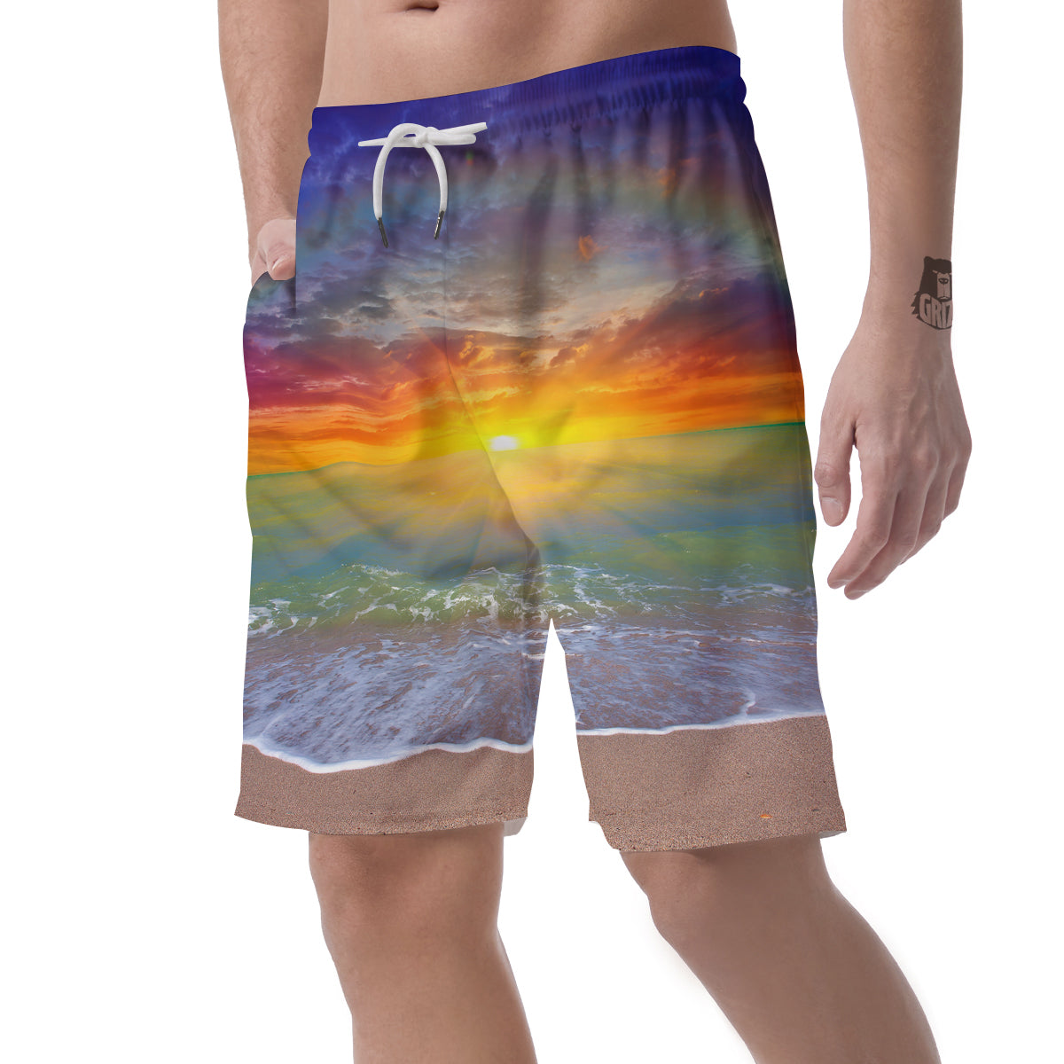 Sunset And Rainbow On Beach Print Men's Shorts-grizzshop