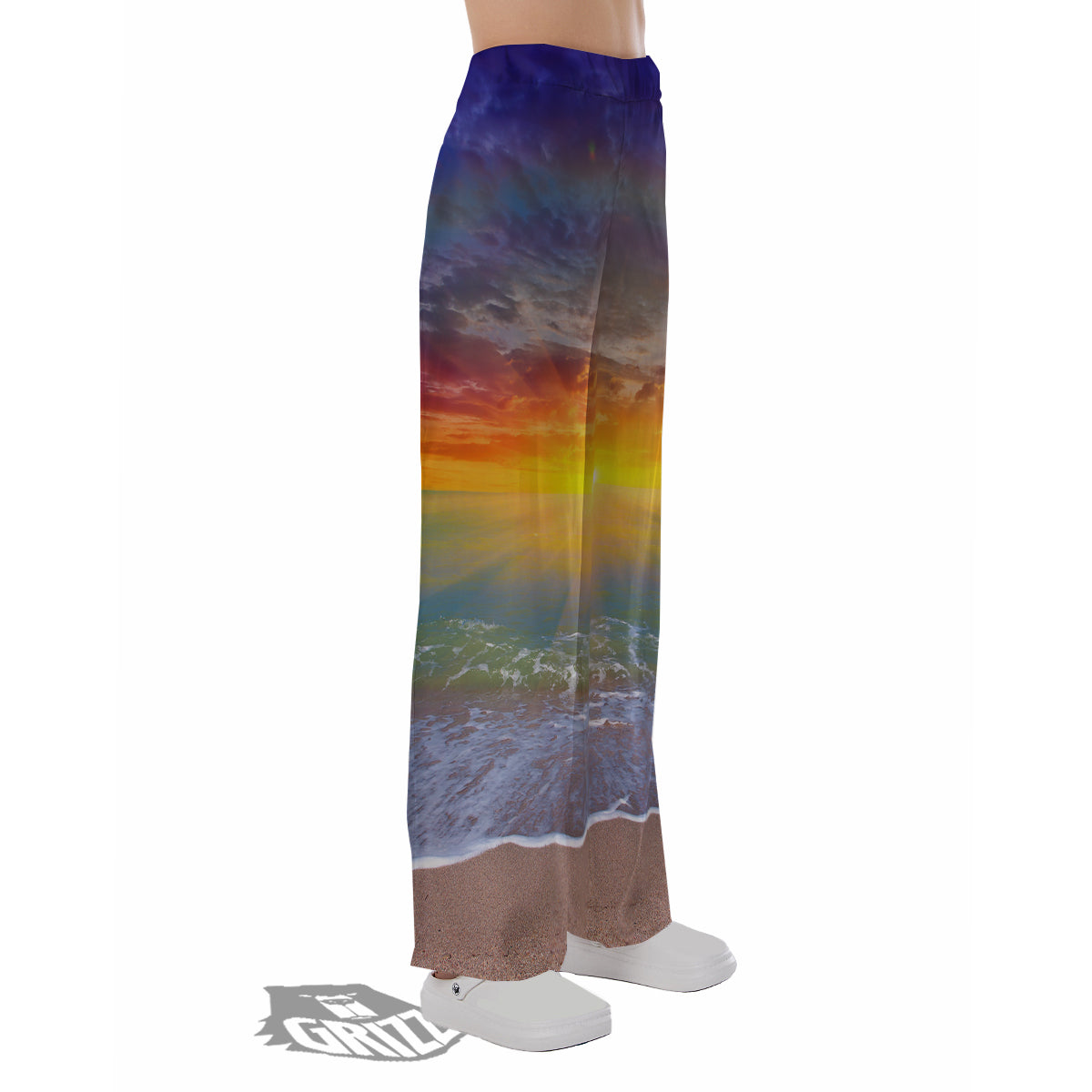 Sunset And Rainbow On Beach Print Pajama Pants-grizzshop