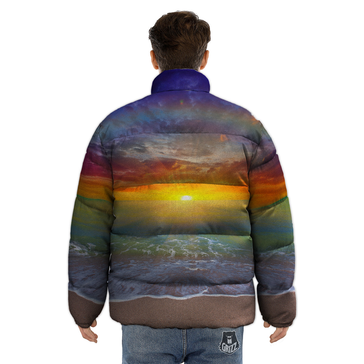 Sunset And Rainbow On Beach Print Puffer Jacket-grizzshop