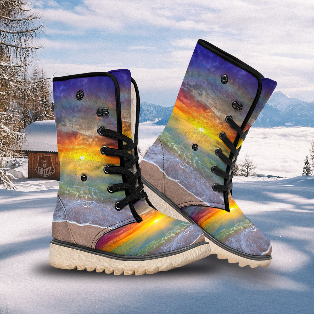 Sunset And Rainbow On Beach Print Snow Boots-grizzshop
