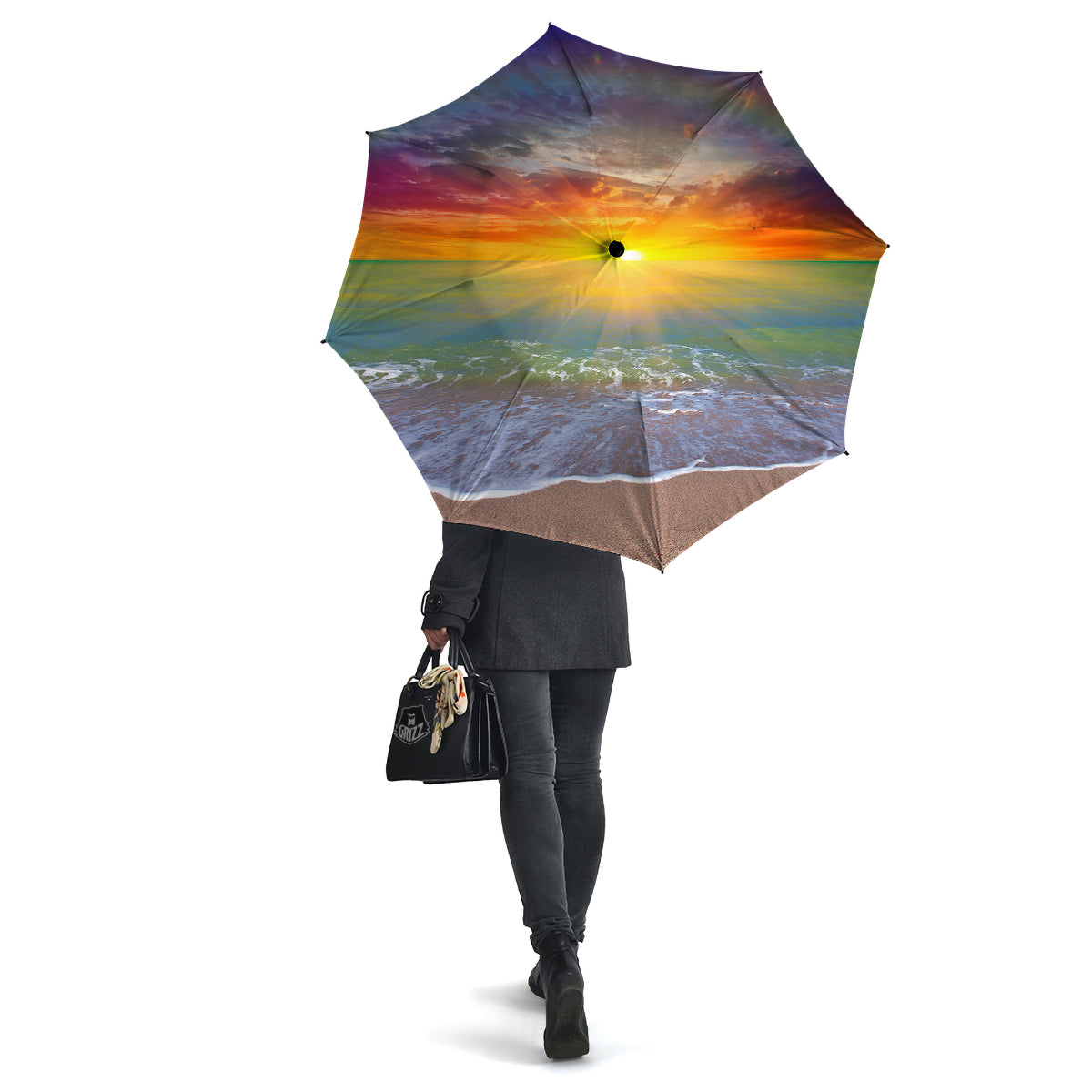 Sunset And Rainbow On Beach Print Umbrella-grizzshop