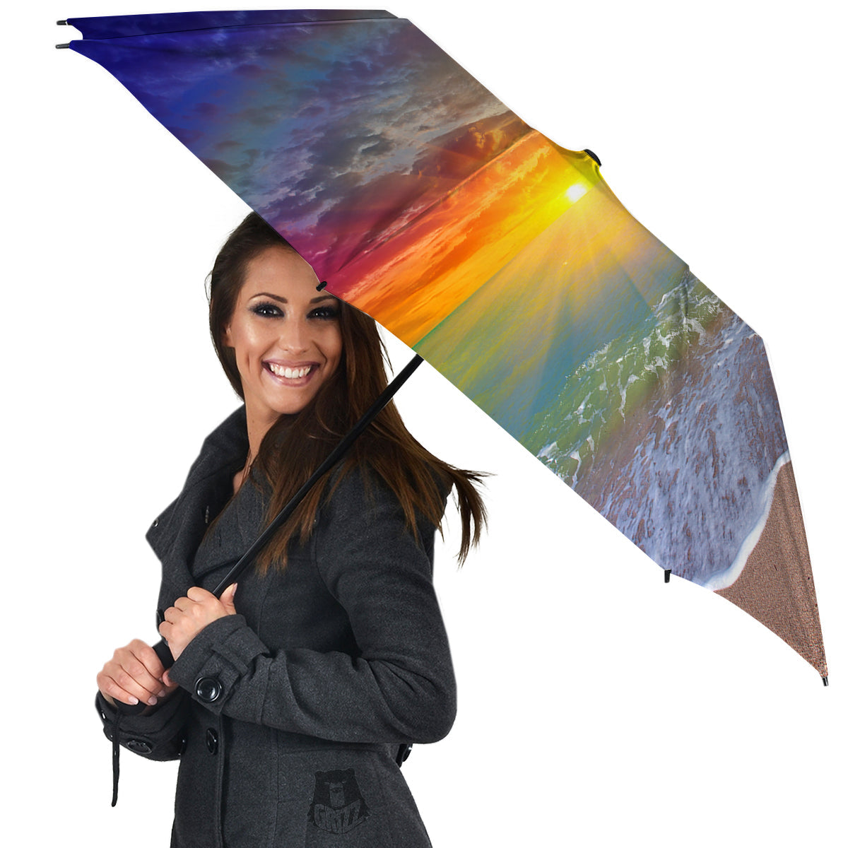 Sunset And Rainbow On Beach Print Umbrella-grizzshop