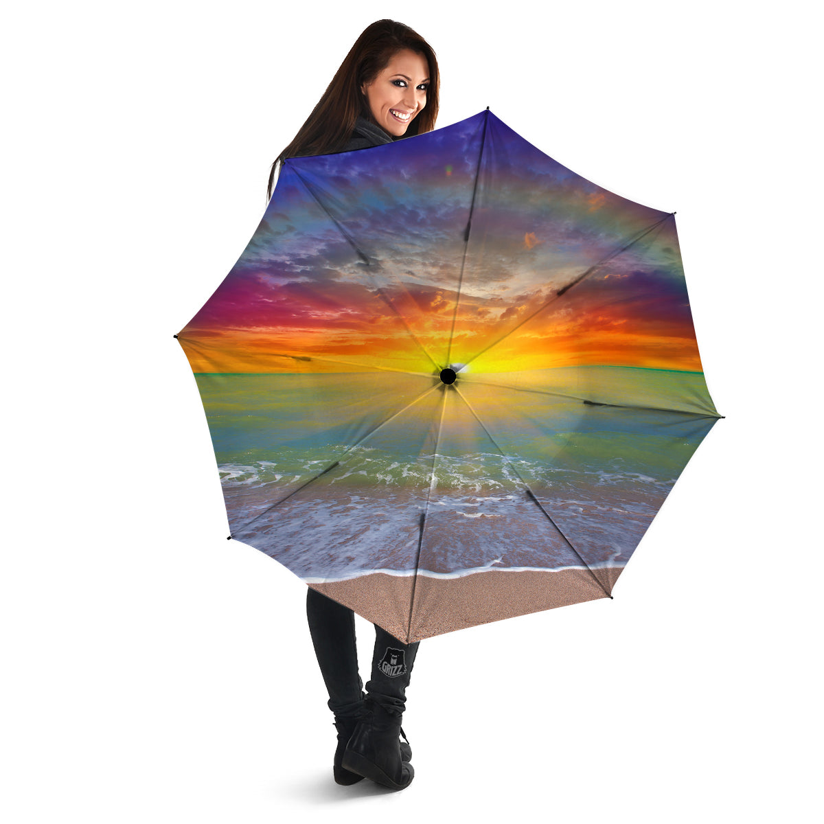Sunset And Rainbow On Beach Print Umbrella-grizzshop